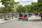 Hoian, Vietnam - JUNE 25, 2019 : Taxi tricycle park in Hoi an old town service tourists by bike around old town