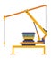 Hoisting crane icon. Construction crane. Equipment in flat style. Yellow industrial heavy machine. Lifter doing heavy