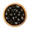 Hojiblanca, pitted black olives, Spanish table olives in wooden bowl