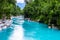 Hokitika Gorge, West Coast, New Zealand. Beautiful nature with blueturquoise color water and wooden swing bridge