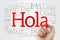 Hola! Hello Greeting in Spanish word cloud in different languages of the world with marker, background concept