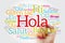 Hola! Hello Greeting in Spanish word cloud in different languages of the world with marker, background concept