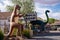 Holbrook, Arizona - May 17, 2021: Fiberglass roadside dinosaurs at the Rainbow Rock Shop along historic Route 66