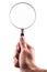 Holding a big magnifying glass over white
