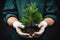 holding bonsai tree in gloved hands