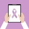 Holding a clipboard. Awareness purple ribbon. Realistic purple ribbon, epilepsy awareness symbol, isolated on violet background