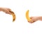 Holding a fresh banana up and a over-ripe one down like mens penis as potency concept with clipping path