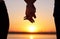 Holding hands at the beach. Silhouette couple at sunrise holding their hands in romantic scene.