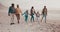 Holding hands, big family and beach walk in nature for freedom, travel and bonding in fresh air. Love, generations and