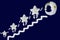 Holding hands white star go up the stairs to sleeping moon in silver bonnet on navy blue background