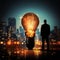 Holding inventive bulb, businessmans silhouette against growth graph backdrop