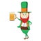 Holding a mug of fresh craft beer. Green suite leprechaun celebrating Irish festival