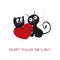 Holding shining red heart with loving couple cats. Happy Valentine`s day greeting card
