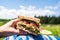 holding tempeh sandwich against sunny picnic backdrop