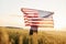 Holding USA flag in hands. Patriotic senior stylish man with grey hair and beard on the agricultural field