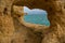 The hole is a cave in the yellow rock, through which you can see the blue water of the Atlantic Ocean and the precipice of the