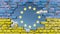Hole in wall with Ukraine flag in front of sky with EU stars