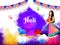 Holi celebration background, illustration of cute girl celebrating festival of colors.