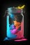 Holi color powder explosion in a jar isolated on dark black background. Color splash party festival concept, rainbow blast.