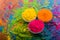 Holi color powder. Organic Gulal colours in bowl for Holi festival, Hindu tradition festive