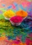 Holi color powder. Organic Gulal colours in bowl for Holi festival, Hindu tradition festive. Bright vibrant pigment closeup