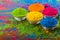 Holi color powder. Organic Gulal colours in bowl for Holi festival, Hindu tradition festive. Bright vibrant pigment closeup