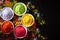 Holi festival celebration. Traditional Indian Holi colours powder decoration with paints. Top view of Organic Gulal colors in