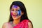 Holi Festival Of Colours. Portrait of happy indian girl in traditional hindu sari on holi color . india woman silver