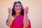 Holi Festival Of Colours. Portrait of happy indian girl in traditional hindu sari on holi color . india woman silver