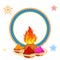 Holi festival greeting card design decorated with bonfire, bowls full of dry colours and blank circular frame given for your