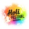 Holi festival invitation black sign on rainbow colors paint powder and drops background