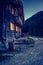 Holiday in the alps: Rustic wooden farm hut in the night