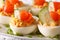 Holiday appetizer: Eggs stuffed with salmon macro. horizontal