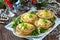 Holiday appetizer: tartlets with mushrooms and meat