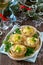 Holiday appetizer: tartlets with mushrooms and meat