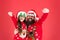 Holiday atmosphere. winter holiday with family. happy father and daughter love xmas. small girl and dad santa hat. daddy