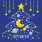 Holiday background with cartoon crescent, comet, Saturn and Christmas tree of stars in the night sky.