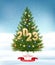 Holiday background with Christmas tree with garland and a gold 2023.