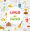 Holiday Background with Collection Mexican Colorful Icons, Objects and Symbols