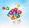 Holiday background with colorful balloons and open box.