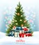 Holiday background with a colorful presents and Christmas tree