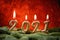 Holiday background Happy New Year 2021. Digits of year 2021 made by burning gold candles on red festive sparkling background