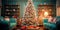 holiday background in a retro living room, with a tinsel-covered aluminum Christmas tree and vintage ornaments
