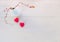 Holiday background for Valentine's day. Two sweet red hearts and abstract branches barberry on white wooden background