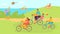 Holiday bike ride at cartoon nature with water, family at vacation vector illustration. People man woman travel, outdoor