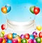 Holiday birthday banner with colorful balloons and confetti.