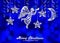 Holiday blue background with silver figures of angel, stars and