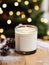 Holiday candle commercial, front view of burning candle in glass jar mock-up on Christmas background with winter