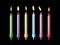 Holiday candles. Burning candle different colors with flickering fire, holiday candlelight, birthday cake decor, wax and