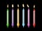 Holiday candles. Burning candle different colors with flickering fire, holiday candlelight, birthday cake decor, wax and paraffin